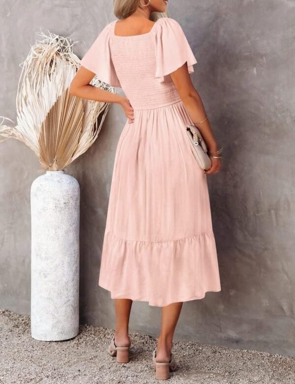 Connecteri  Women's Summer Casual V Neck Ruffle Sleeve Smocked High Waist Midi Dress with Pockets