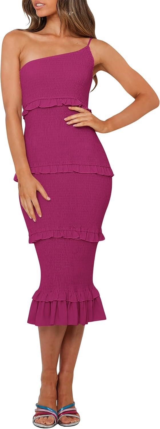 Connecteri  Womens Floral Summer One Shoulder Strappy Tiered Ruffle Midi Bodycon Dresses