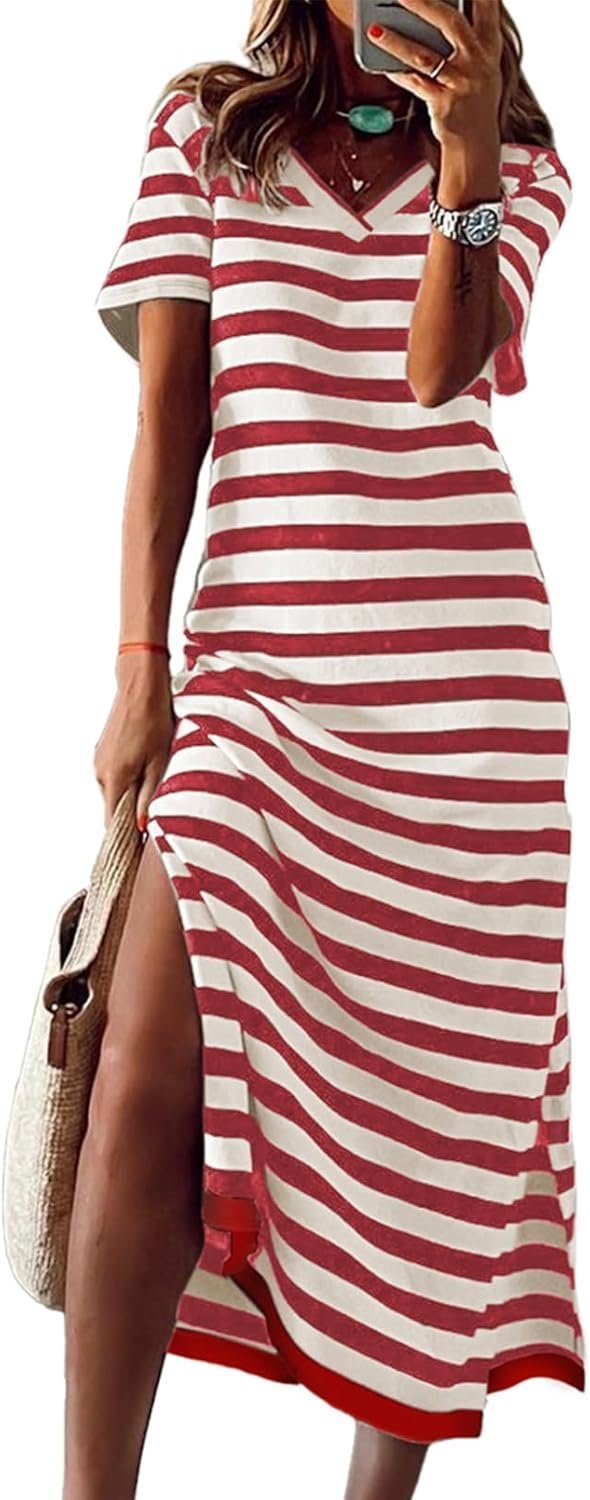 Connecteri  Summer Dress Casual Womens Fashion Short Sleeve Maxi Dress T Shirt Dress Striped Long Color Block Maxi Dress