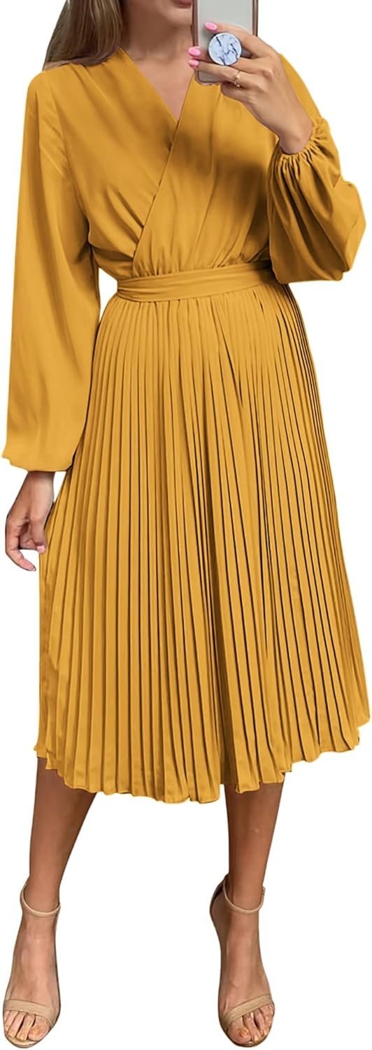 Connecteri  Womens V Neck Flowy Ruffle Pleated Casual Fall Dress