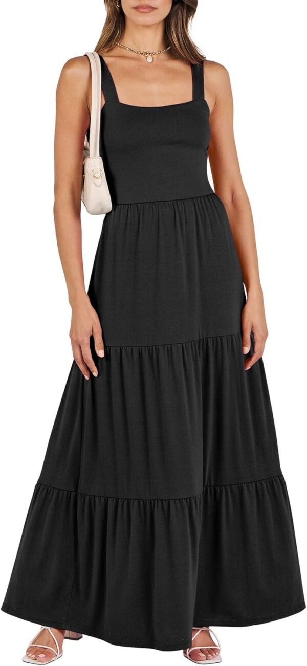Connecteri  Women's Summer Casual Long Maxi Beach Vacation Dresses Sleeveless Square Neck Flowy Tiered Sun Dress with Pockets