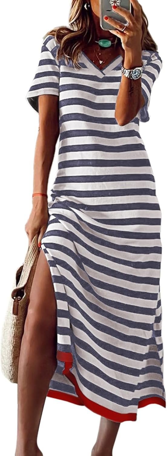Connecteri  Summer Dress Casual Womens Fashion Short Sleeve Maxi Dress T Shirt Dress Striped Long Color Block Maxi Dress