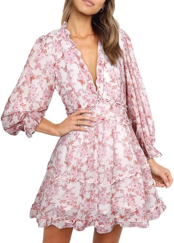 Connecteri  Womens 2024 Spring Summer Deep V Neck Ruffle Floral Flowy Mini Dress