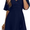 Connecteri  Women's Wrap V Neck Short Flared Sleeve Wedding Guest Dress Smocked Elastic Waist Tiered Belted Ruffle Hem Mini Dress