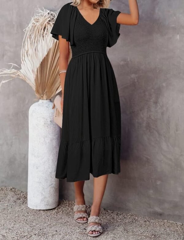 Connecteri  Women's Summer Casual V Neck Ruffle Sleeve Smocked High Waist Midi Dress with Pockets