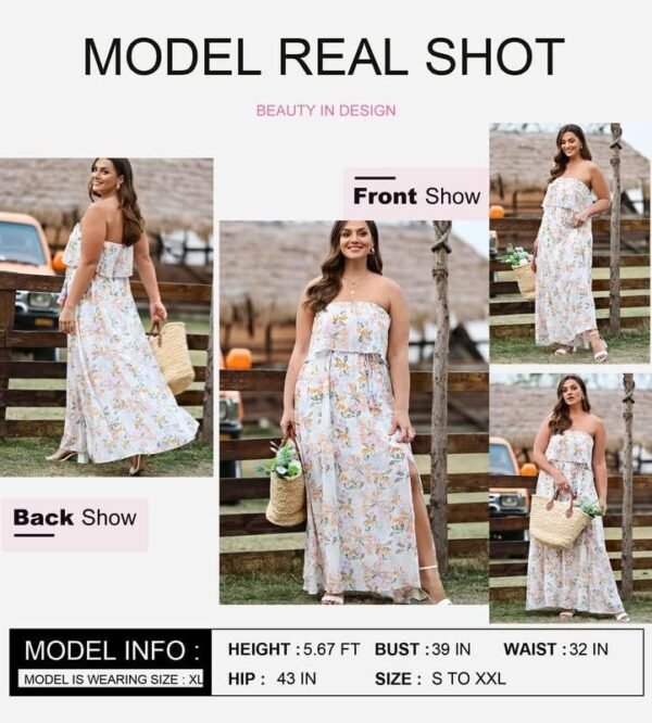 Connecteri  Womens Strapless Dresses Casual Summer High Waist Side Split Flowy Boho Maxi Dress