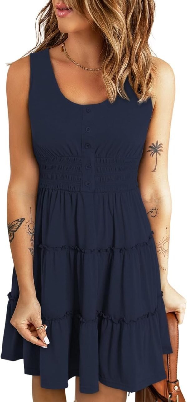 Connecteri  Womens Summer Dresses 2024 Sleeveless Button Down Smocked Elastic Waist Ruffle Tiered Casual Swing Mini Dress