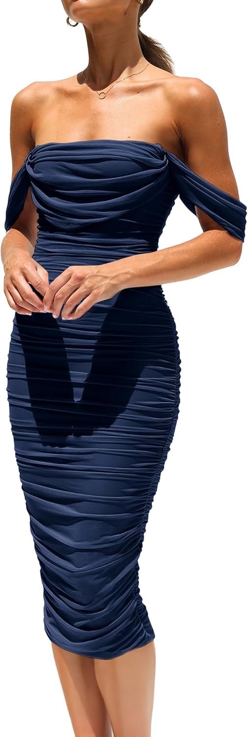 Connecteri?Womens Summer Off The Shoulder Ruched Bodycon Dresses Sleeveless Fitted Party Club Midi