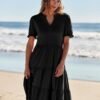 Connecteri  Women's 2024 Summer Short Puff Sleeve Midi Dress Casual V Neck High Waist Tiered Swing A Line Dresses