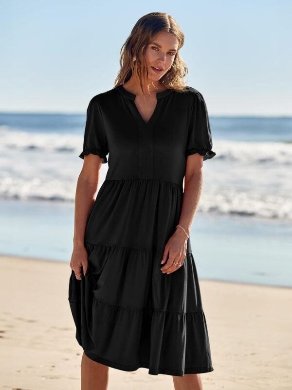 Connecteri  Women's 2024 Summer Short Puff Sleeve Midi Dress Casual V Neck High Waist Tiered Swing A Line Dresses