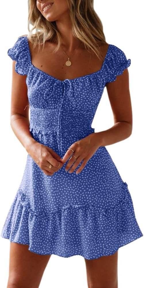 Connecteri  Women's Summer Ruffle Sleeve Sweetheart Neckline Printing Dress Mini Dress