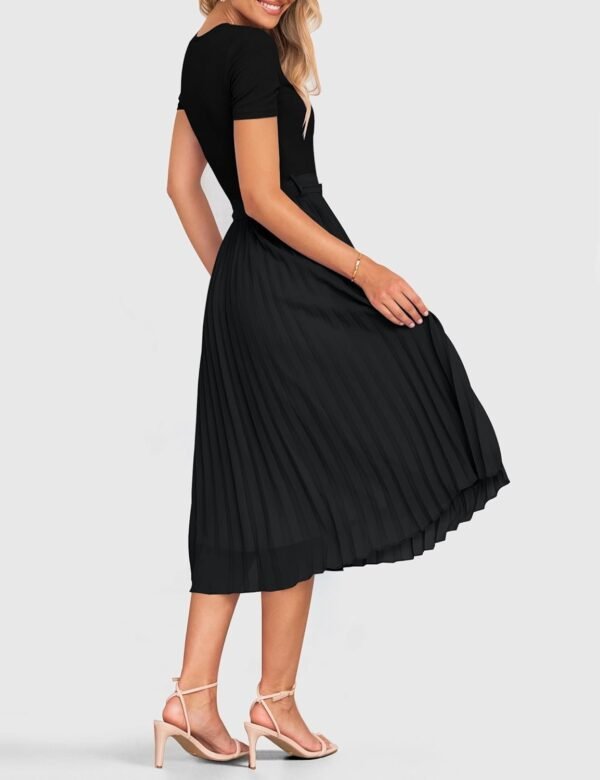 Connecteri Womens Summer Short Sleeve Midi Dresses Spring Casual Crew Neck Knit Belted Pleated A Line Flowy Wedding Guest Dress