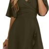 Connecteri  Women's Wrap V Neck Short Flared Sleeve Wedding Guest Dress Smocked Elastic Waist Tiered Belted Ruffle Hem Mini Dress