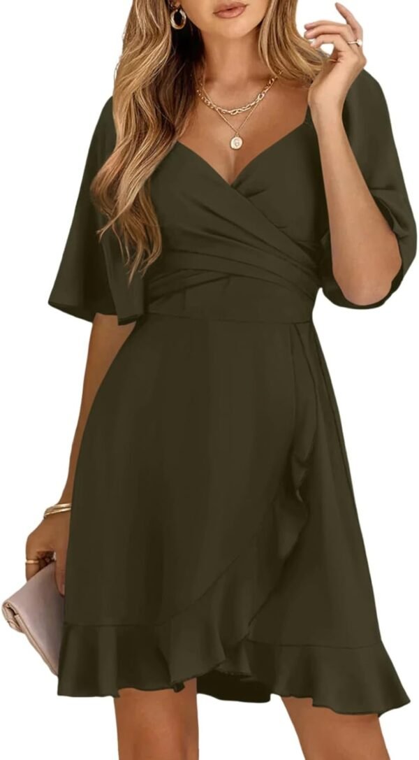 Connecteri  Women's Wrap V Neck Short Flared Sleeve Wedding Guest Dress Smocked Elastic Waist Tiered Belted Ruffle Hem Mini Dress