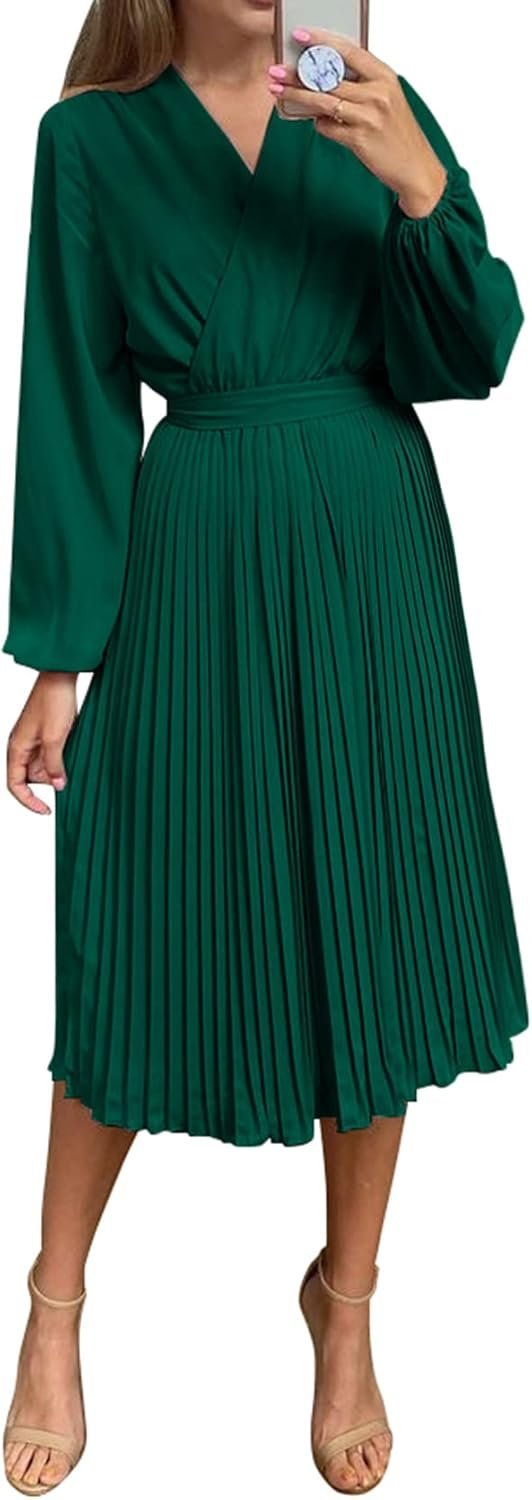 Connecteri  Womens V Neck Flowy Ruffle Pleated Casual Fall Dress