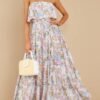 Connecteri  Womens Strapless Dresses Casual Summer High Waist Side Split Flowy Boho Maxi Dress