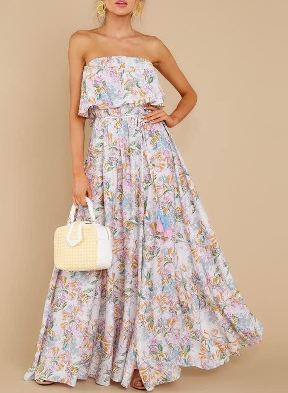Connecteri  Womens Strapless Dresses Casual Summer High Waist Side Split Flowy Boho Maxi Dress