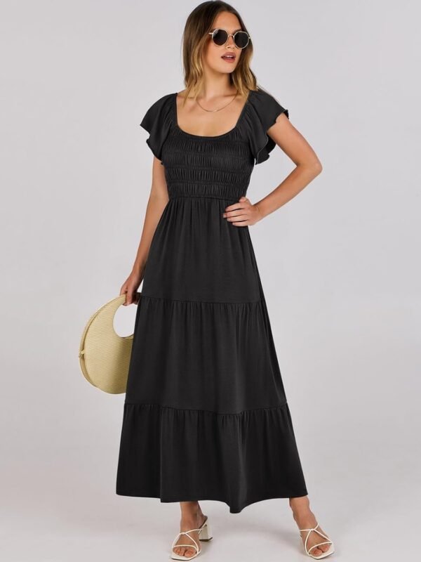 Connecteri  Women??s 2024 Summer Casual Maxi Dress Flutter Sleeve Scoop Neck Smocked Tiered A Line Flowy Beach Long Sun Dresses