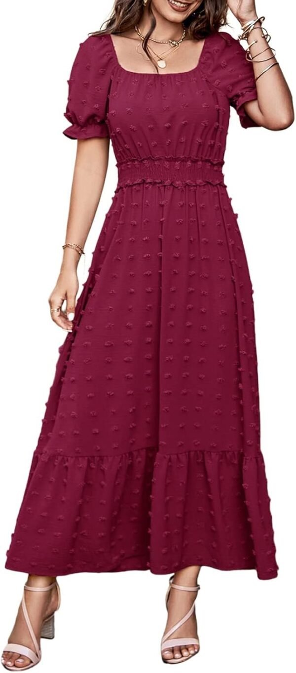 Connecteri  Womens 2024 Puff Short Sleeve Square Neck Swiss Dot Smocked Waist Ruffle Hem Tiered Long Dress