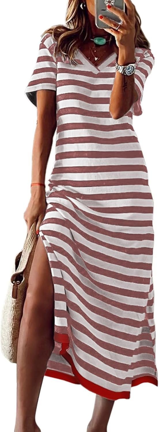Connecteri  Summer Dress Casual Womens Fashion Short Sleeve Maxi Dress T Shirt Dress Striped Long Color Block Maxi Dress