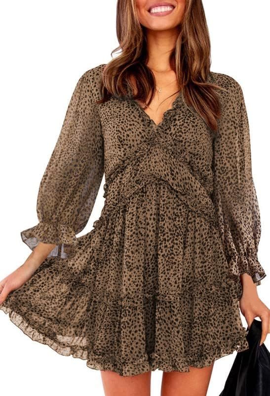 Connecteri  Womens 2024 Spring Summer Deep V Neck Ruffle Floral Flowy Mini Dress