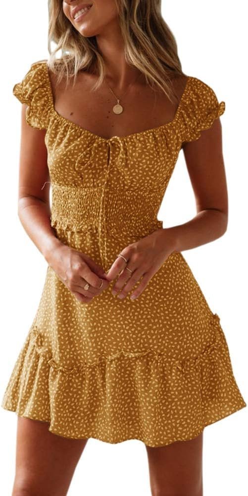 Connecteri  Women's Summer Ruffle Sleeve Sweetheart Neckline Printing Dress Mini Dress