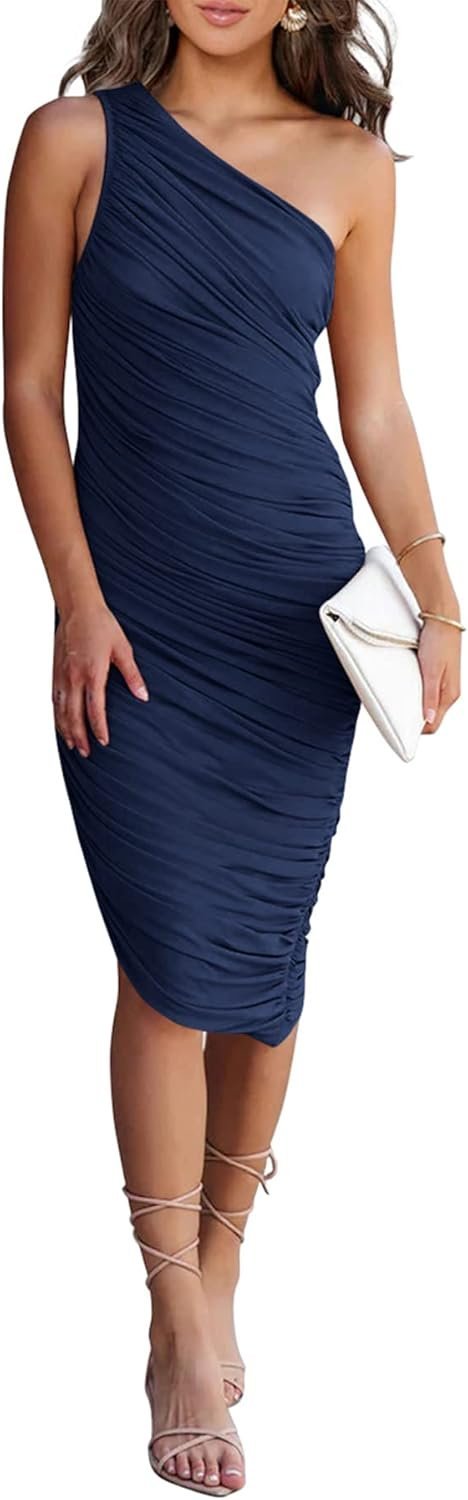 Connecteri?Women's Ruched Bodycon Dress 2024 Summer One Shoulder Sleeveless Party Cocktail Pencil Dresses