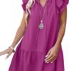 Connecteri  Womens Summer V-Neck Drawstring Ruffle Cap Short Sleeve Casual Shift Mini Dress with Pockets