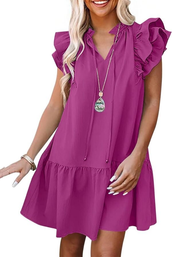 Connecteri  Womens Summer V-Neck Drawstring Ruffle Cap Short Sleeve Casual Shift Mini Dress with Pockets