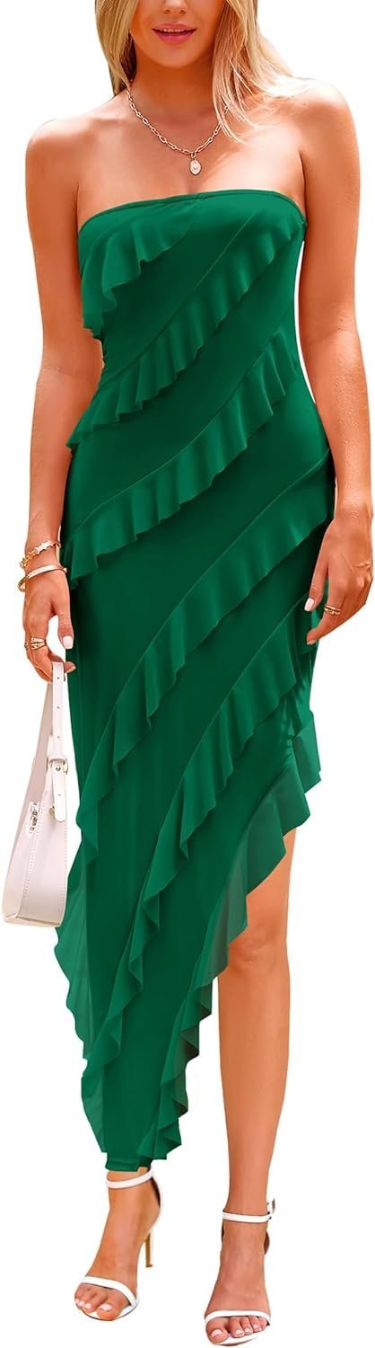 Connecteri?Womens Strapless Tube Asymmetrical Ruffle Maxi Bodycon Dress