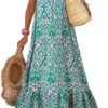 Connecteri  Women Summer Dresses 2024 Spaghetti Strap Scoop Neck Smocked Ruffle Flowy Boho Maxi Dress