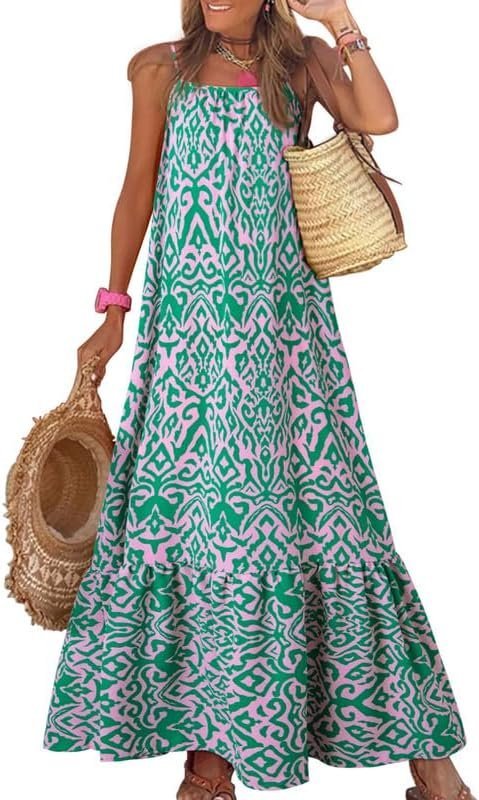 Connecteri  Women Summer Dresses 2024 Spaghetti Strap Scoop Neck Smocked Ruffle Flowy Boho Maxi Dress