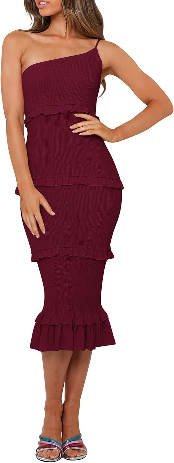 Connecteri  Womens Floral Summer One Shoulder Strappy Tiered Ruffle Midi Bodycon Dresses