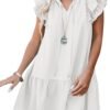 Connecteri  Womens Summer V-Neck Drawstring Ruffle Cap Short Sleeve Casual Shift Mini Dress with Pockets