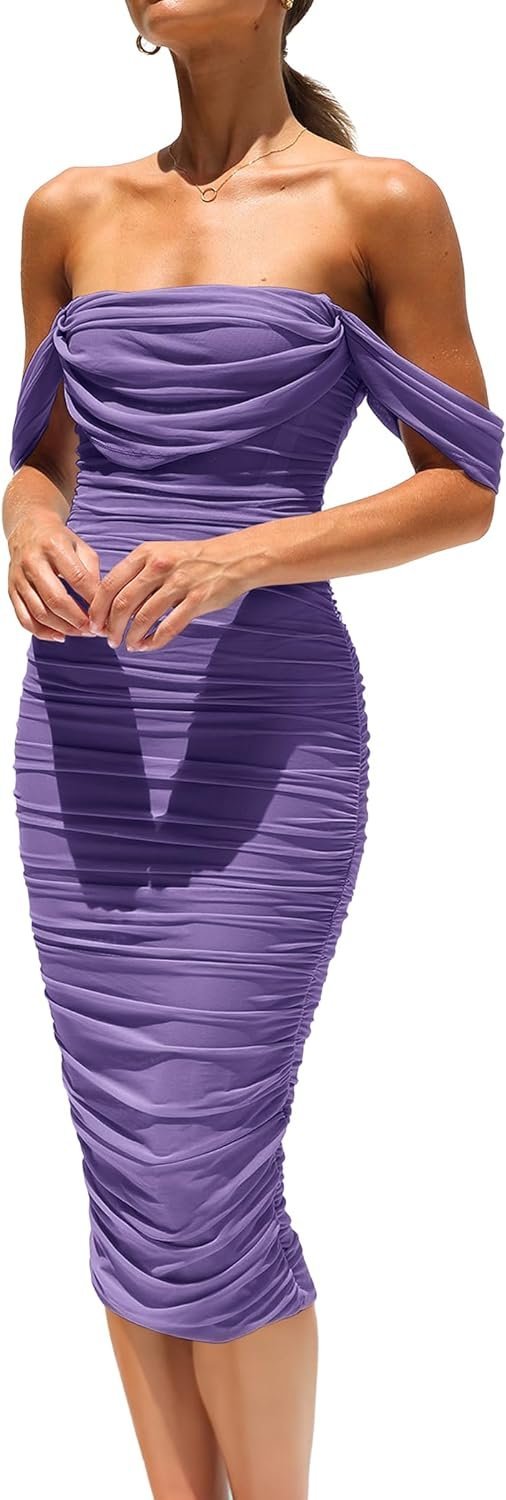 Connecteri?Womens Summer Off The Shoulder Ruched Bodycon Dresses Sleeveless Fitted Party Club Midi