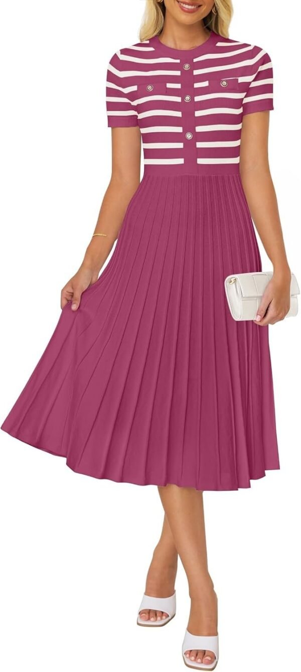 Connecteri Women's Casual Striped Midi Dress Crewneck Short Sleeve Button Ribbed Knit Swing Pleated A Line Dresses