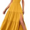 Connecteri  Women's Summer One Shoulder Sleeveless Knot Smocked Midi Dress Split Tiered Flowy Dresses