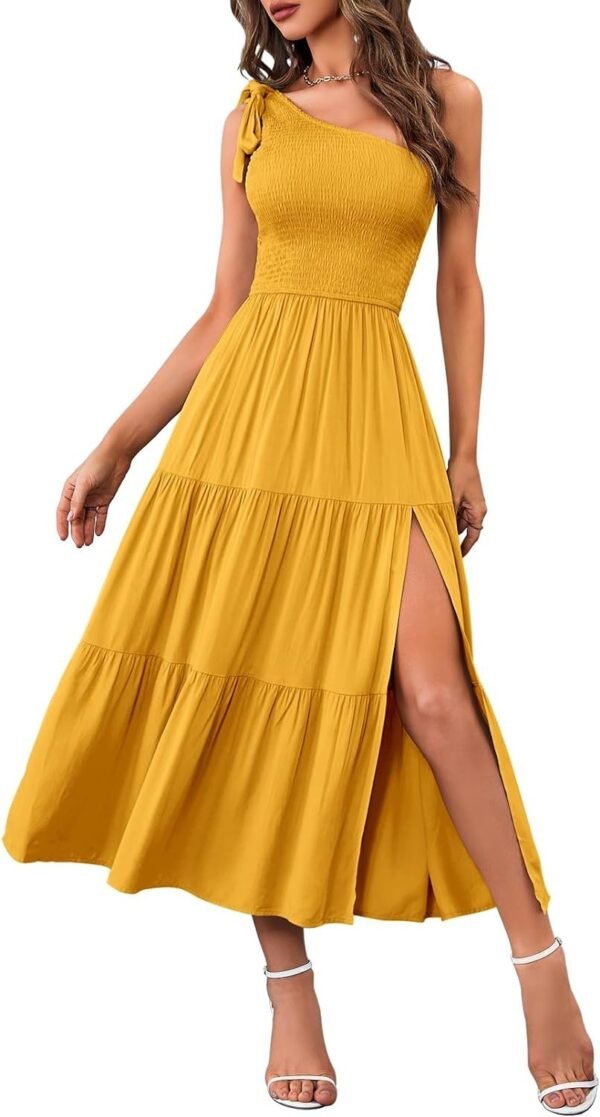 Connecteri  Women's Summer One Shoulder Sleeveless Knot Smocked Midi Dress Split Tiered Flowy Dresses