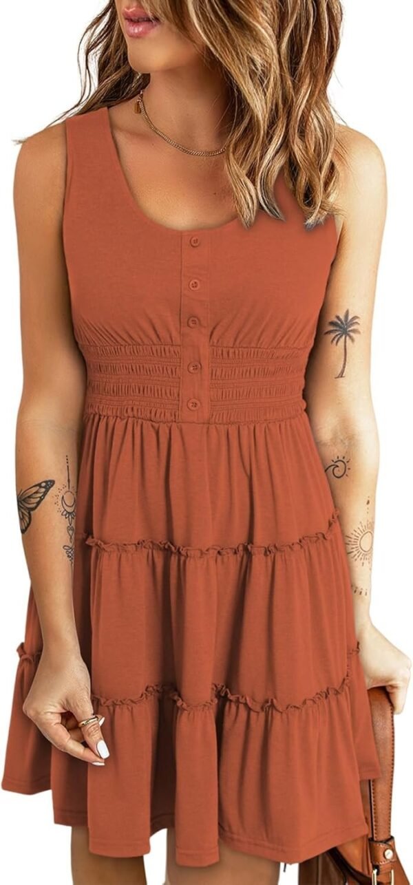 Connecteri  Womens Summer Dresses 2024 Sleeveless Button Down Smocked Elastic Waist Ruffle Tiered Casual Swing Mini Dress