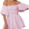 Connecteri  Womens Off The Shoulder Summer Dresses 2024 Short Lantern Sleeve Ruffle Elastic Waist A-Line Casual Mini Dress