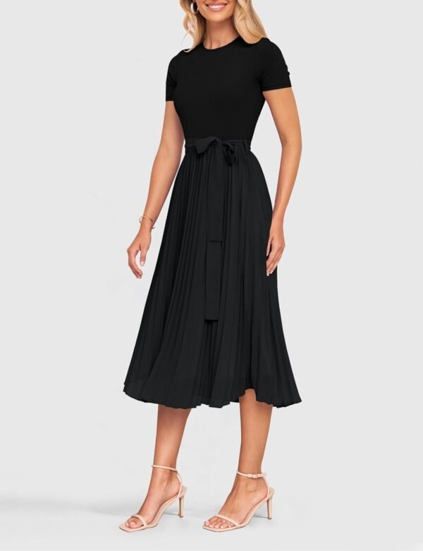 Connecteri Womens Summer Short Sleeve Midi Dresses Spring Casual Crew Neck Knit Belted Pleated A Line Flowy Wedding Guest Dress