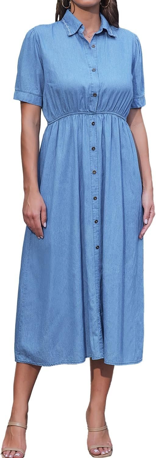 Connecteri  Women's Maxi Dress Sleeveless Denim Long Summer A-line Casual Blue Cotton Boho Flowy Sundresses for Women