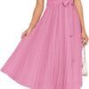Connecteri Womens Summer Short Sleeve Midi Dresses Spring Casual Crew Neck Knit Belted Pleated A Line Flowy Wedding Guest Dress