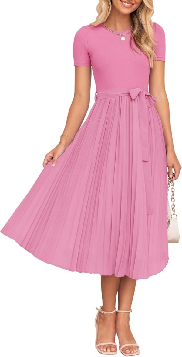 Connecteri Womens Summer Short Sleeve Midi Dresses Spring Casual Crew Neck Knit Belted Pleated A Line Flowy Wedding Guest Dress