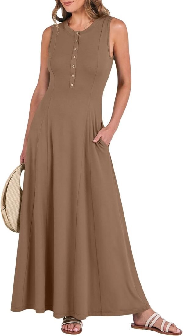 Connecteri  Women Summer Casual Sleeveless Maxi Sundress Button Fit & Flare A-Line Flowy Long Dresses 2024 Beach Outfits