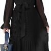 Connecteri  Women's Floral Midi Dress Puff Long Sleeve Casual Ruffle Chiffon A-Line Swing Pleated Belted Tea Party Dresses