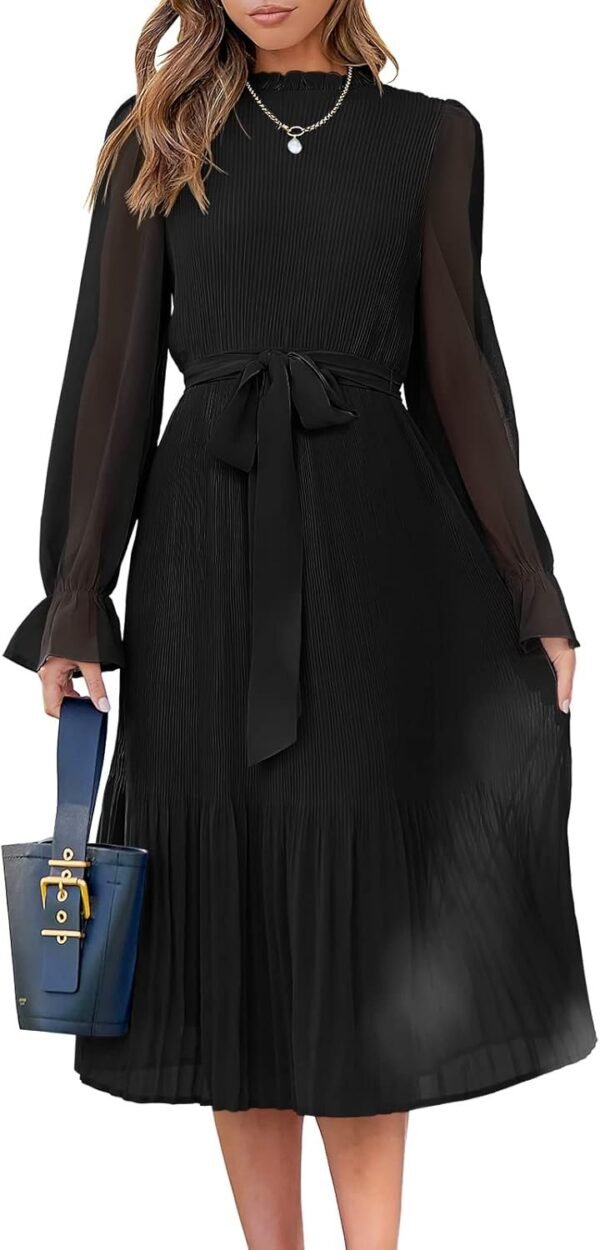 Connecteri  Women's Floral Midi Dress Puff Long Sleeve Casual Ruffle Chiffon A-Line Swing Pleated Belted Tea Party Dresses