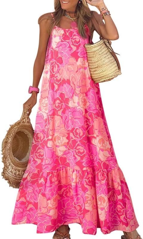 Connecteri  Women Summer Dresses 2024 Spaghetti Strap Scoop Neck Smocked Ruffle Flowy Boho Maxi Dress