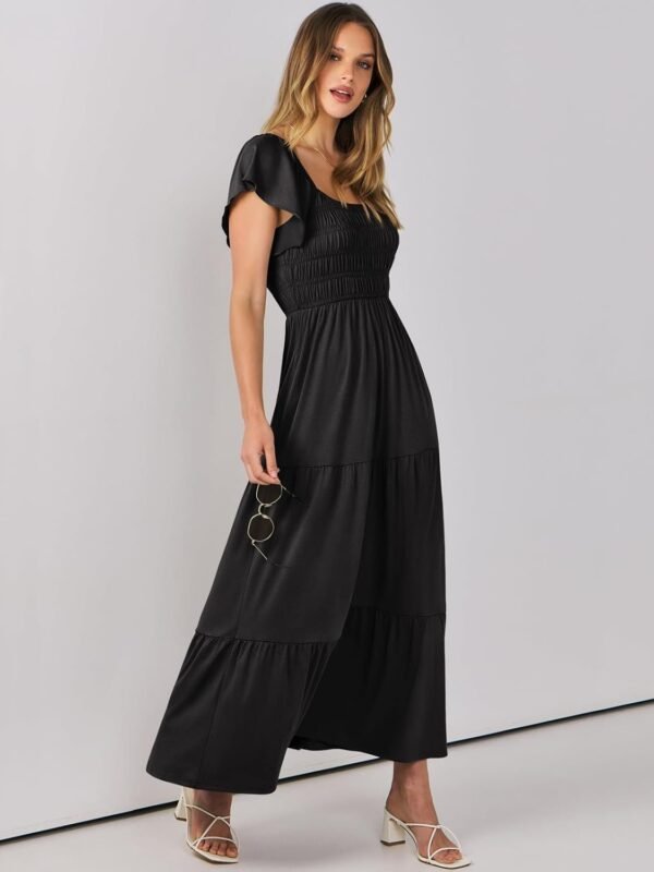 Connecteri  Women??s 2024 Summer Casual Maxi Dress Flutter Sleeve Scoop Neck Smocked Tiered A Line Flowy Beach Long Sun Dresses