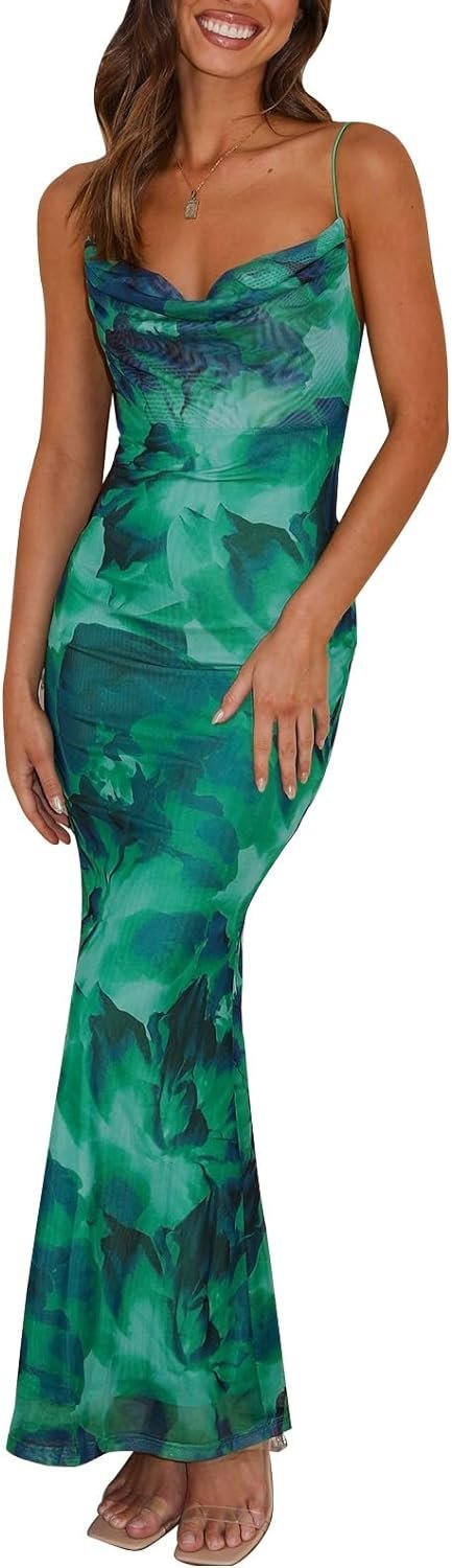 Connecteri  Women's 2024 Summer Floral Spaghetti Strap Maxi Dress Stretch Sexy Bodycon Dress Backless Slip Long Dresses